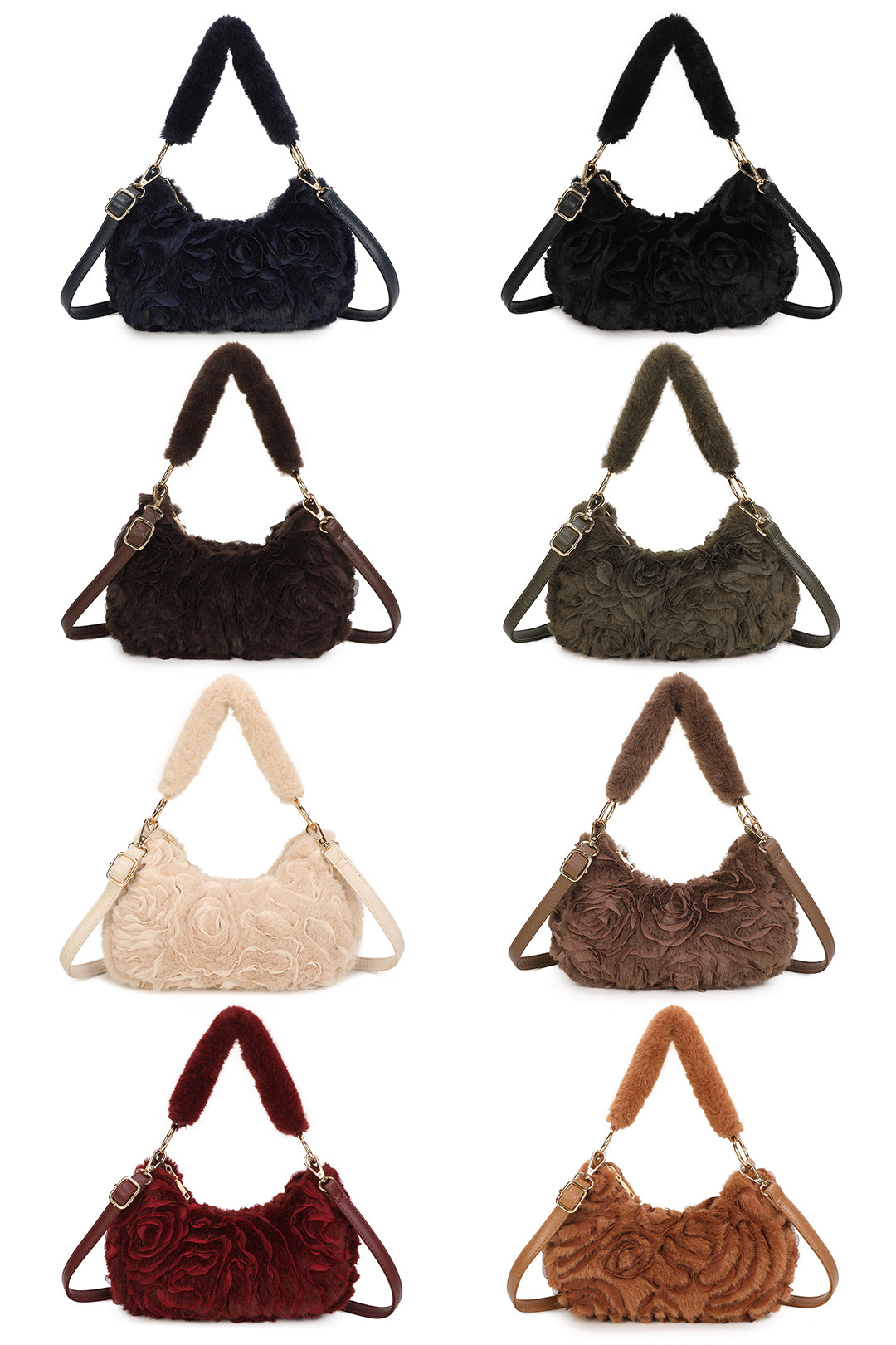 Aloura Small Faux Fur Sewn Lace Rose Flower Pattern Shoulder Hobo Bag - RY260531