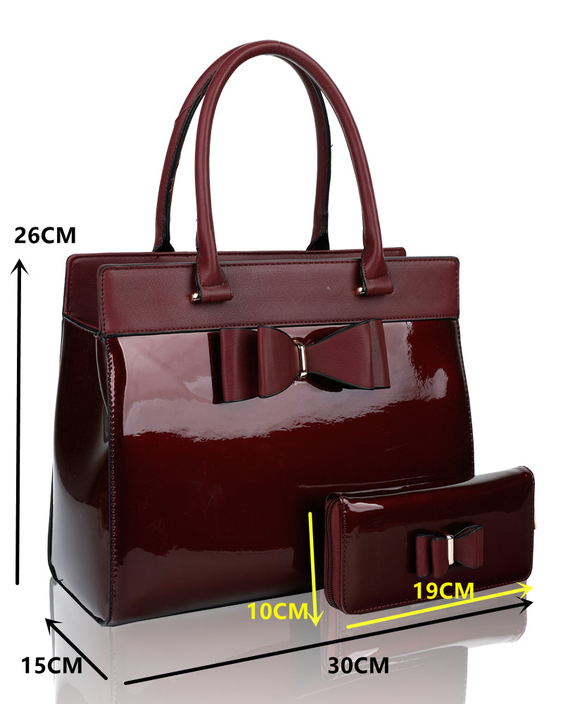 Elegante 2in1 PU Patent Leather Handbag & Purse with Bow - RB170117