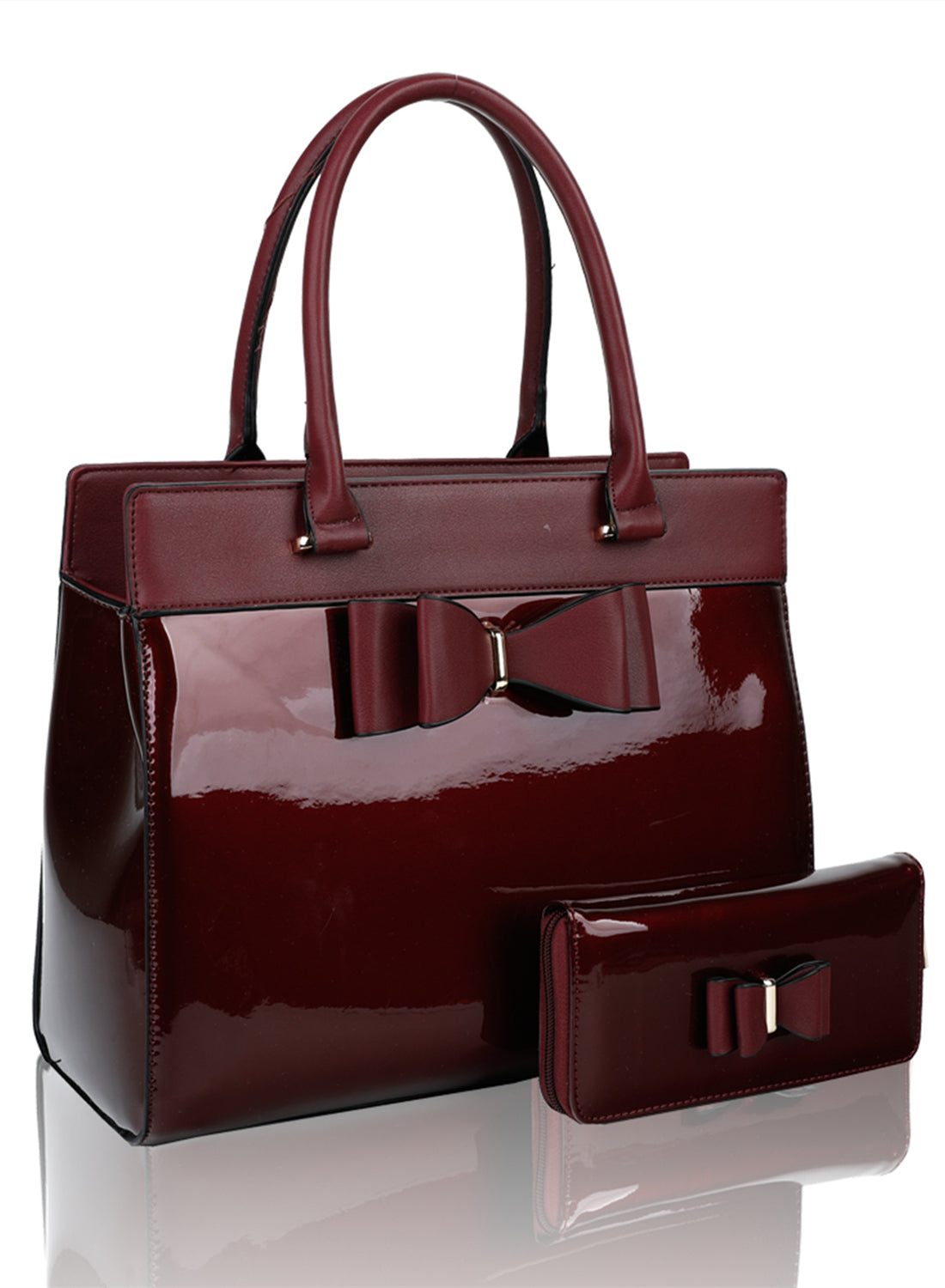 Elegante 2in1 PU Patent Leather Handbag & Purse with Bow - RB170117