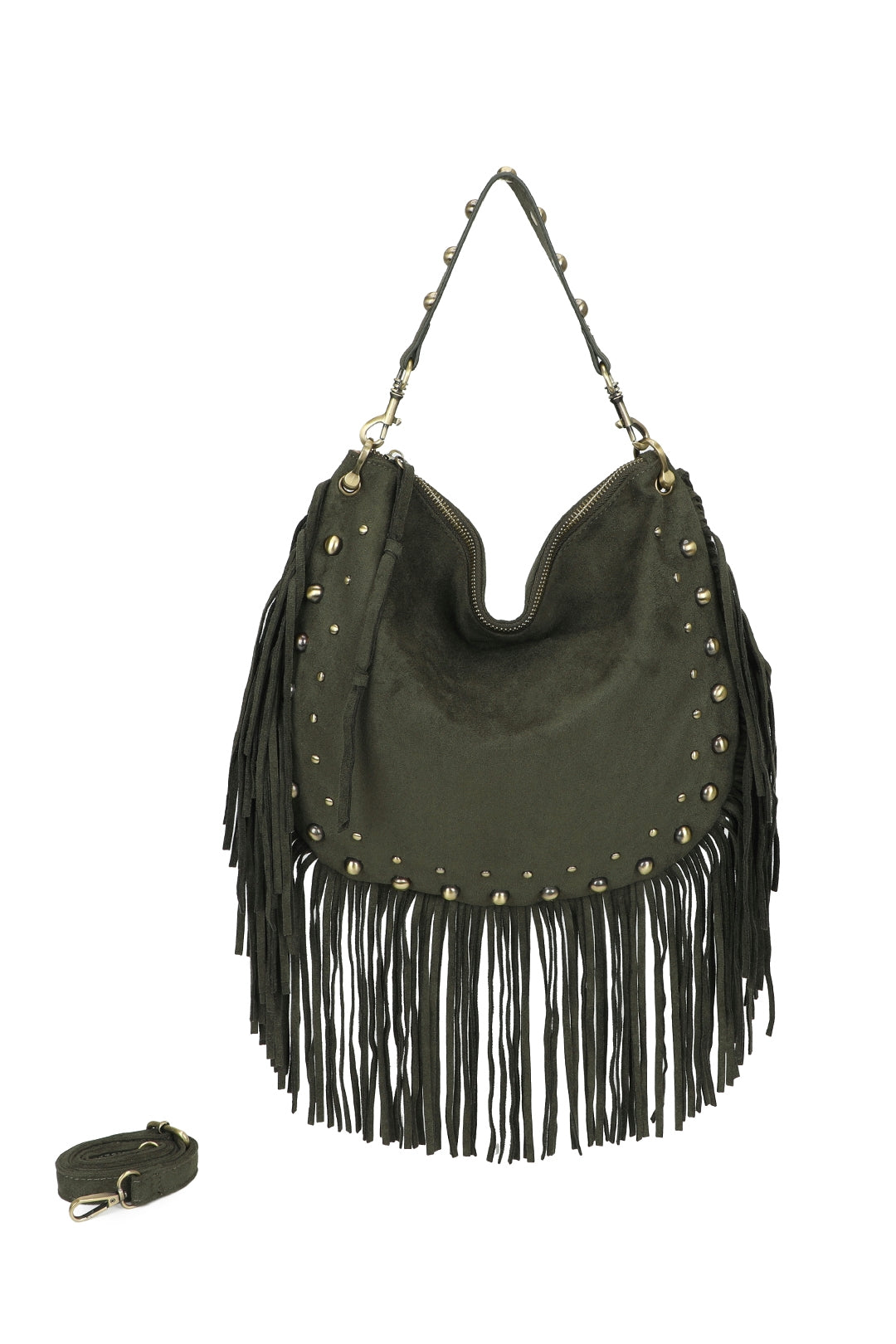 Caravan Studded Large Faux Suede Fringe Tassel Hobo Shoulder Bag - RY250962