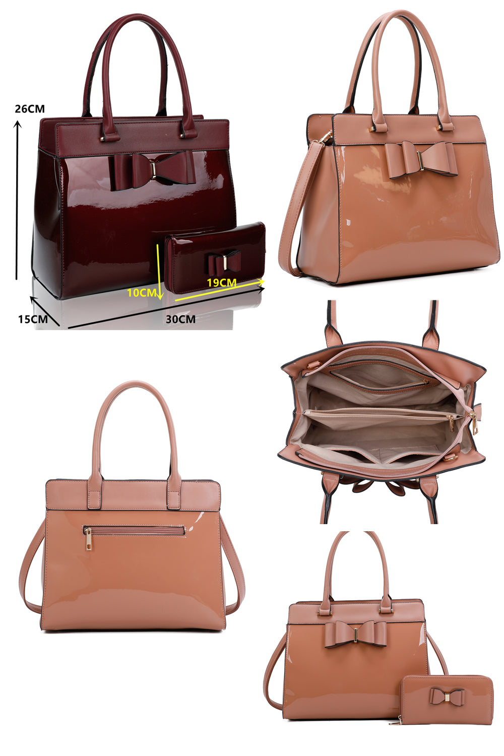Elegante 2in1 PU Patent Leather Handbag & Purse with Bow - RB170117