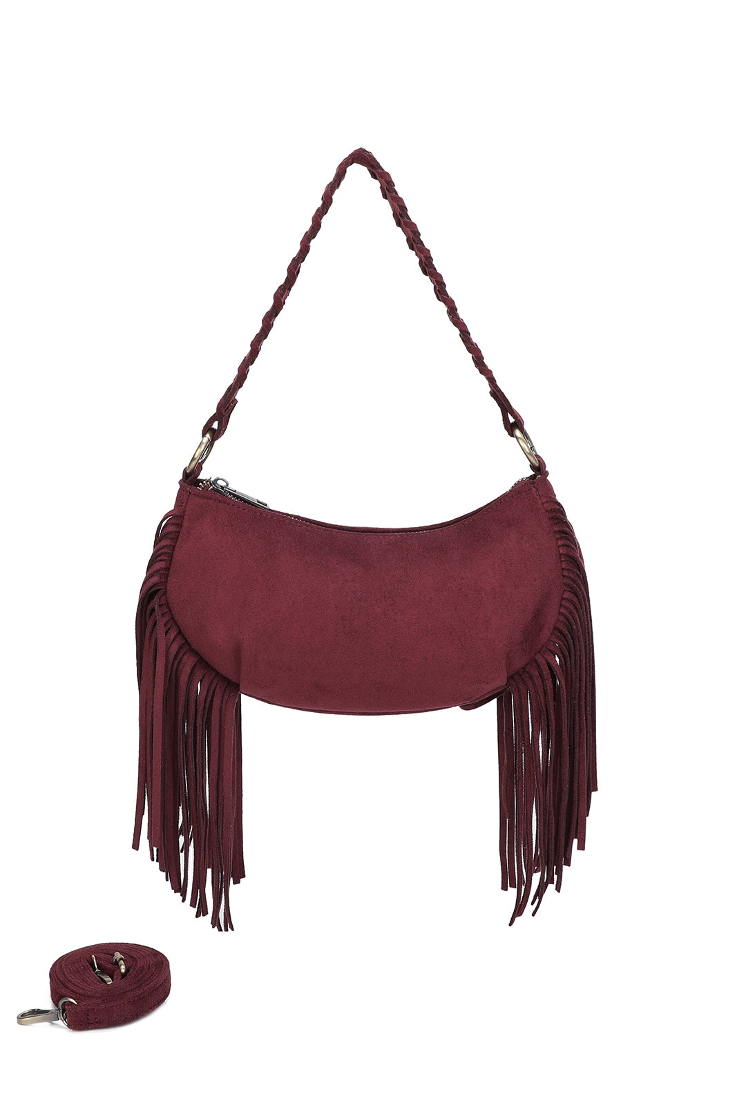 Aurex Faux Suede Fringe Tassel Crossbody Hobo Bag With Handwoven Strap - RJ250976