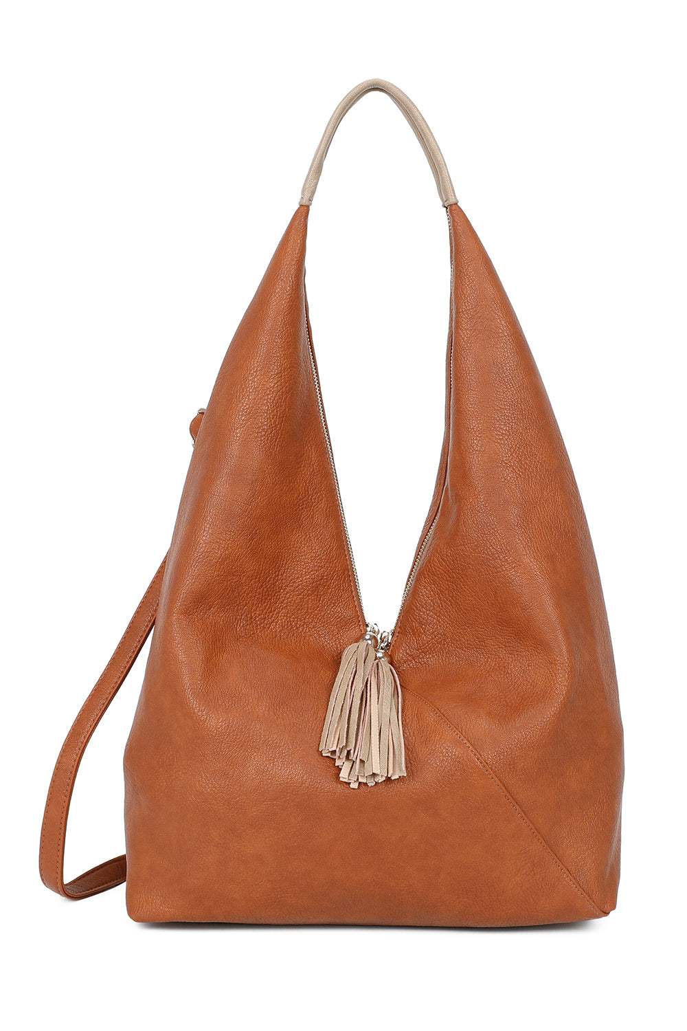 Dunne Tassel Zip PU Leather Hobo Shoulder Bag