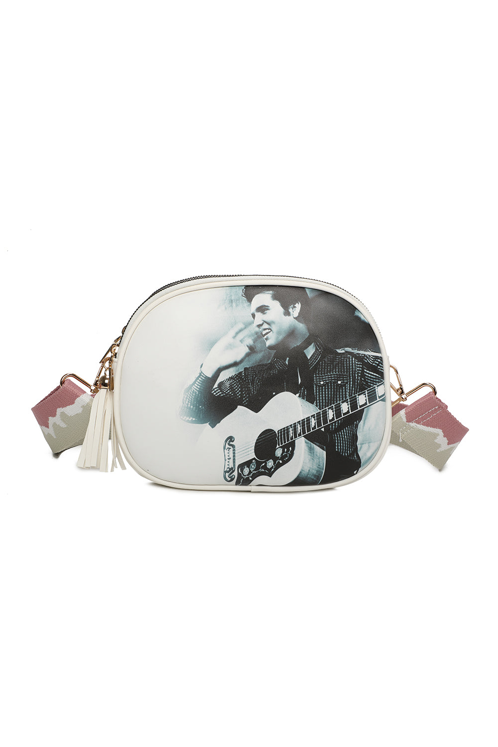 Triple Zipped Pockets Elvis Printed Crossbody Bag with Canvas Strap