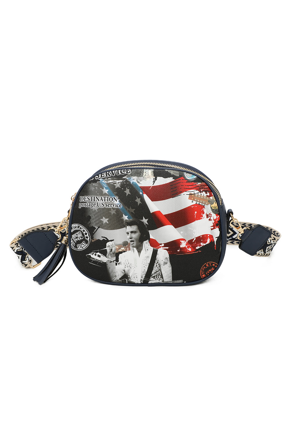 Triple Zipped Elvis Printed Crossbody Bag with Canvas Strap