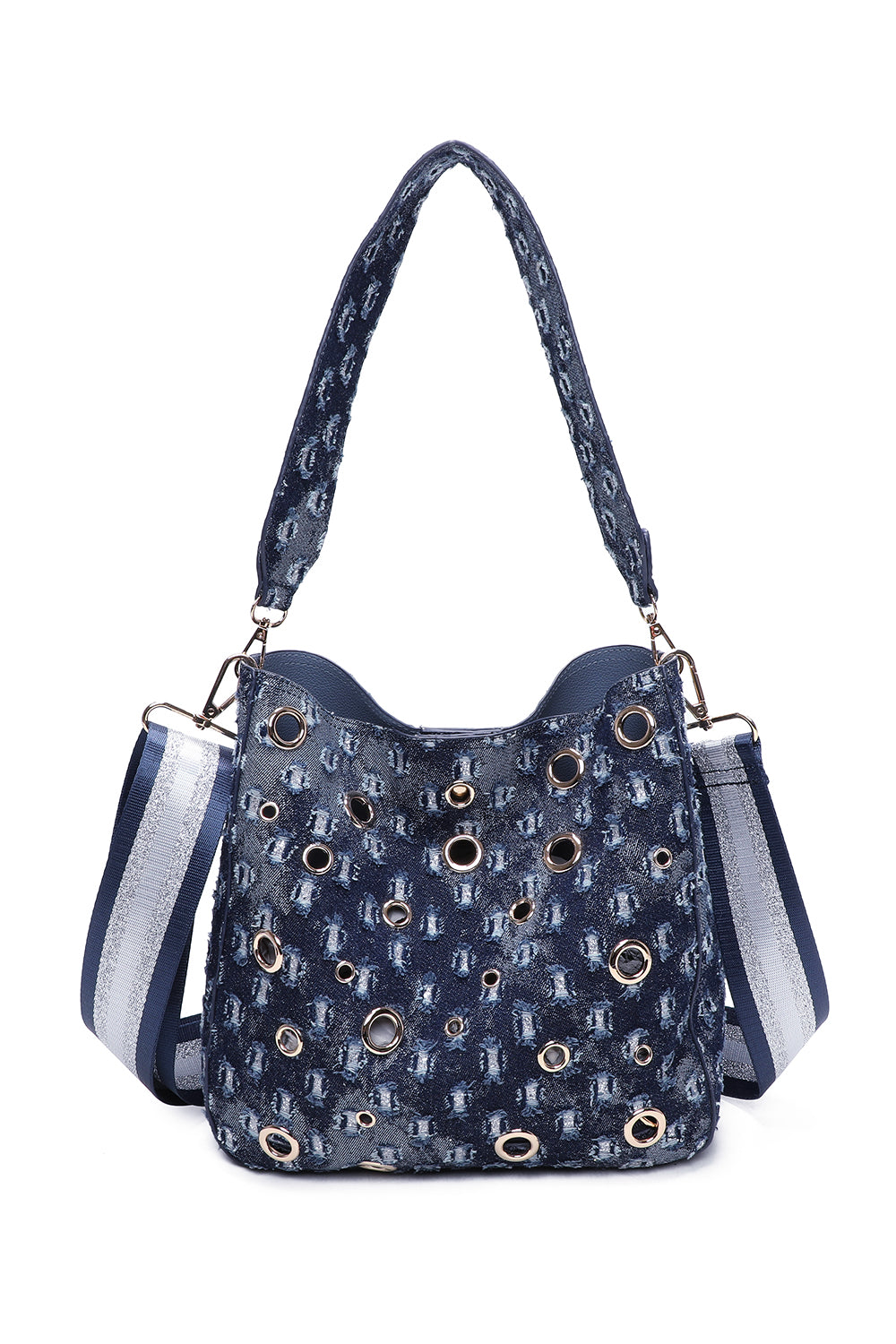 Denim Hole Hobo Shoulder Bag and Pouch 2-in-1 with Three-Tone Glitter Strap