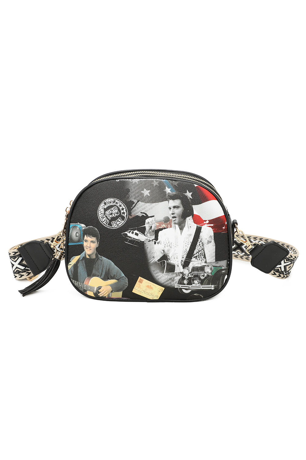 Triple Zipped Elvis Printed Crossbody Bag with Canvas Strap