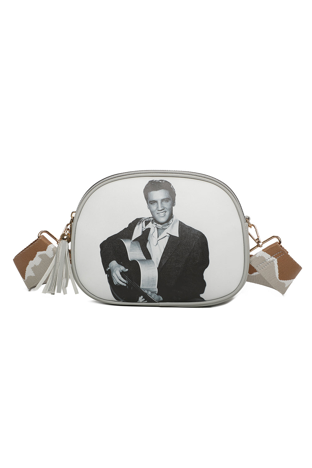 Triple Zipped Pockets Elvis Printed Crossbody Bag with Canvas Strap