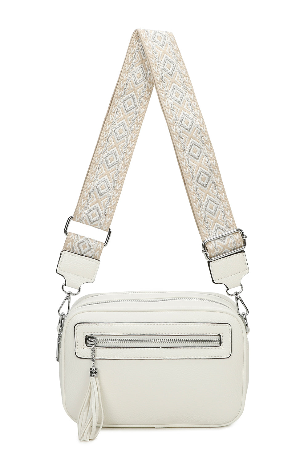 Quadriple Zipped Tassel Crossbody with Canvas Strap