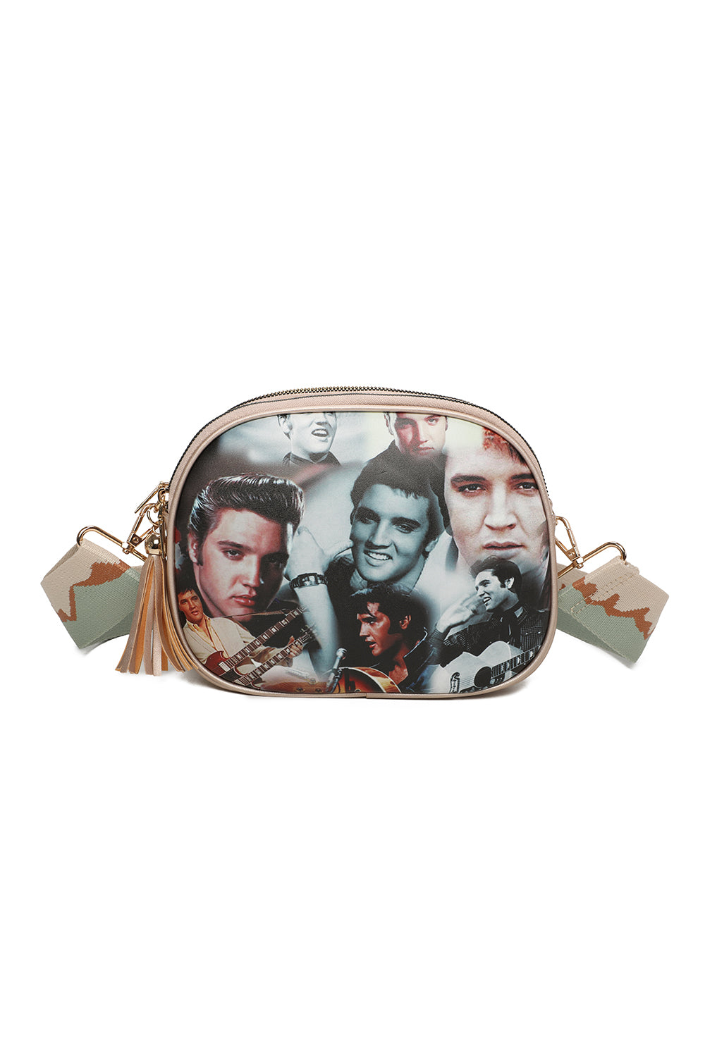 Triple Zipped Pockets Elvis Printed Crossbody Bag with Canvas Strap