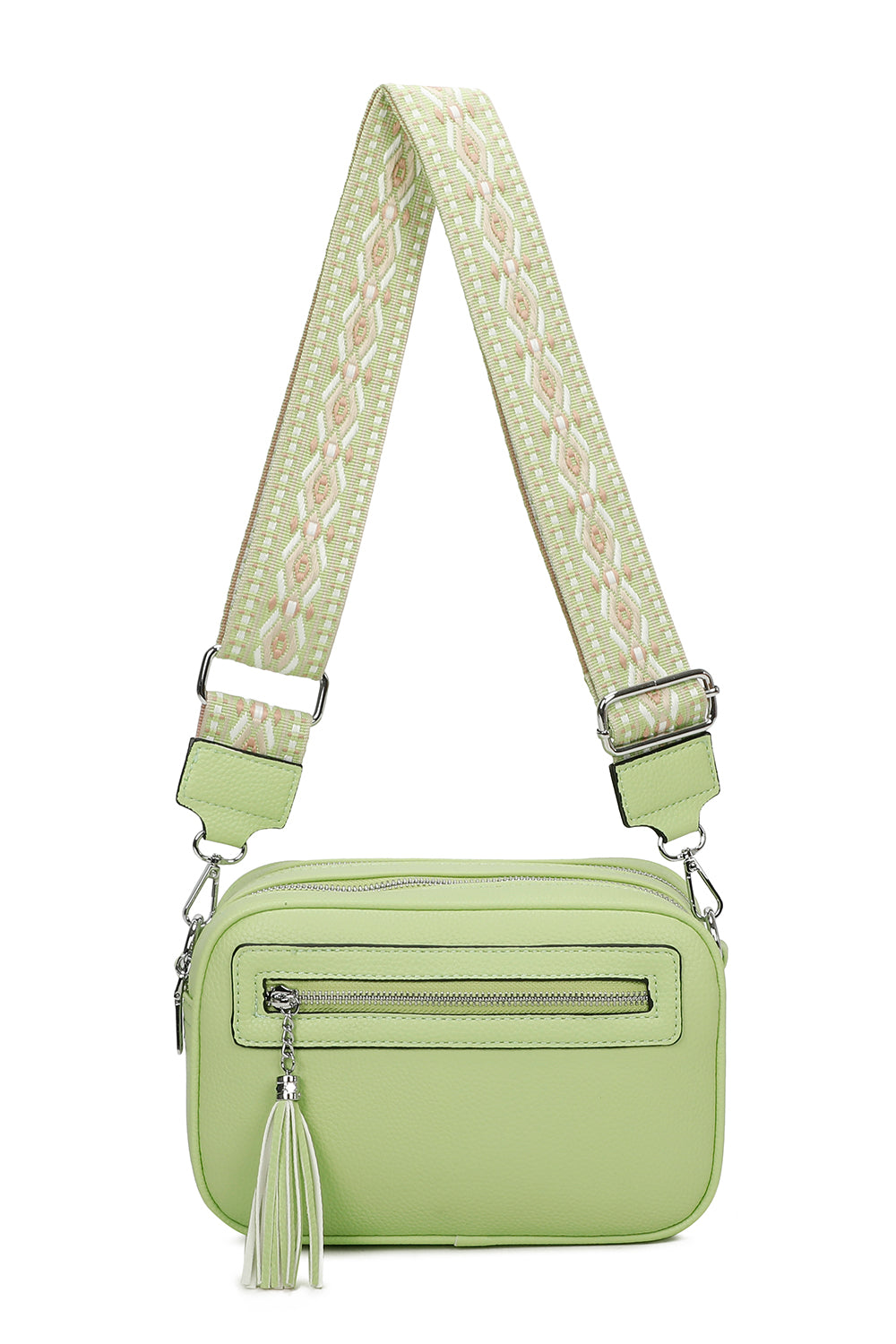 Quadriple Zipped Tassel Crossbody with Canvas Strap