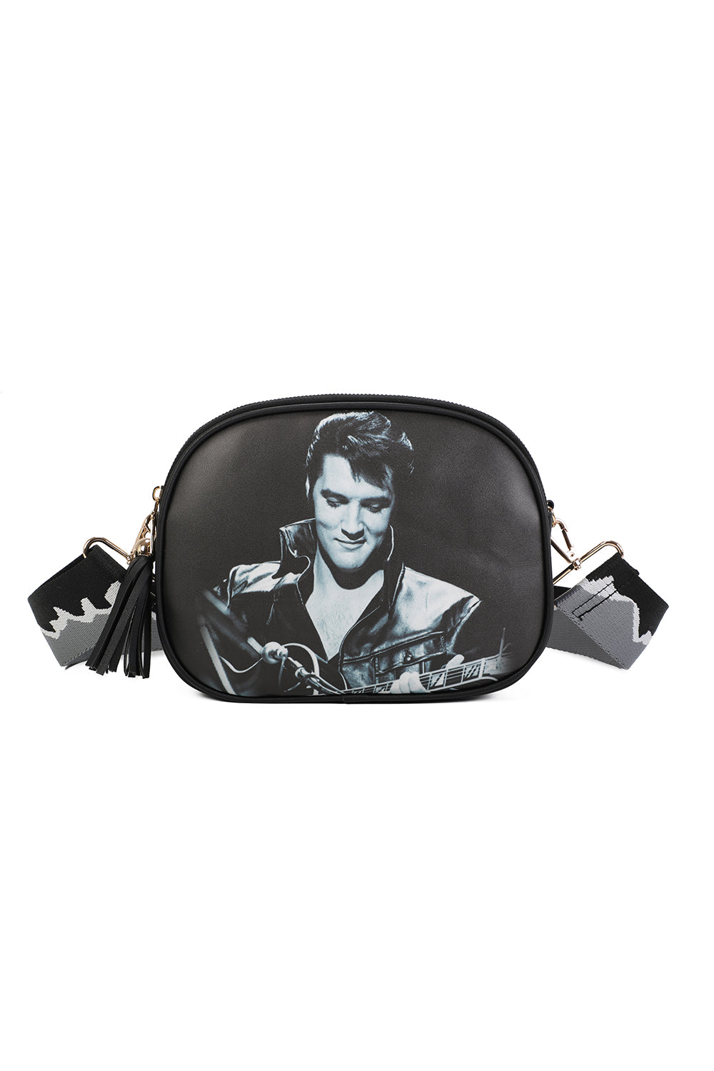 Triple Zipped Pockets Elvis Printed Crossbody Bag with Canvas Strap