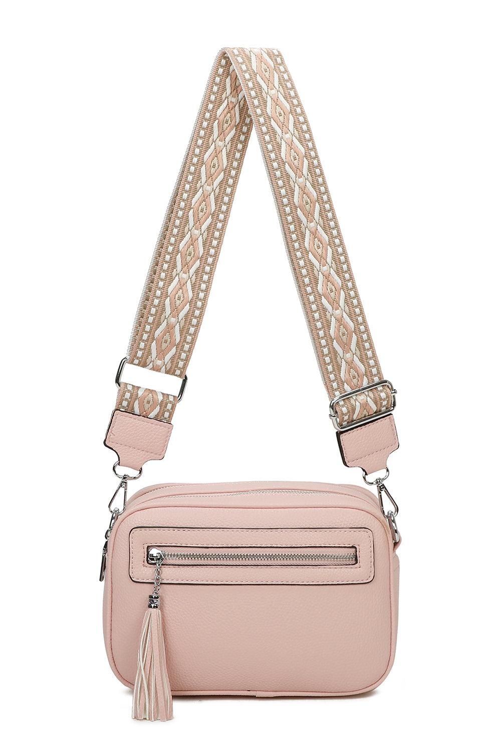 Quadriple Zipped Tassel Crossbody with Canvas Strap