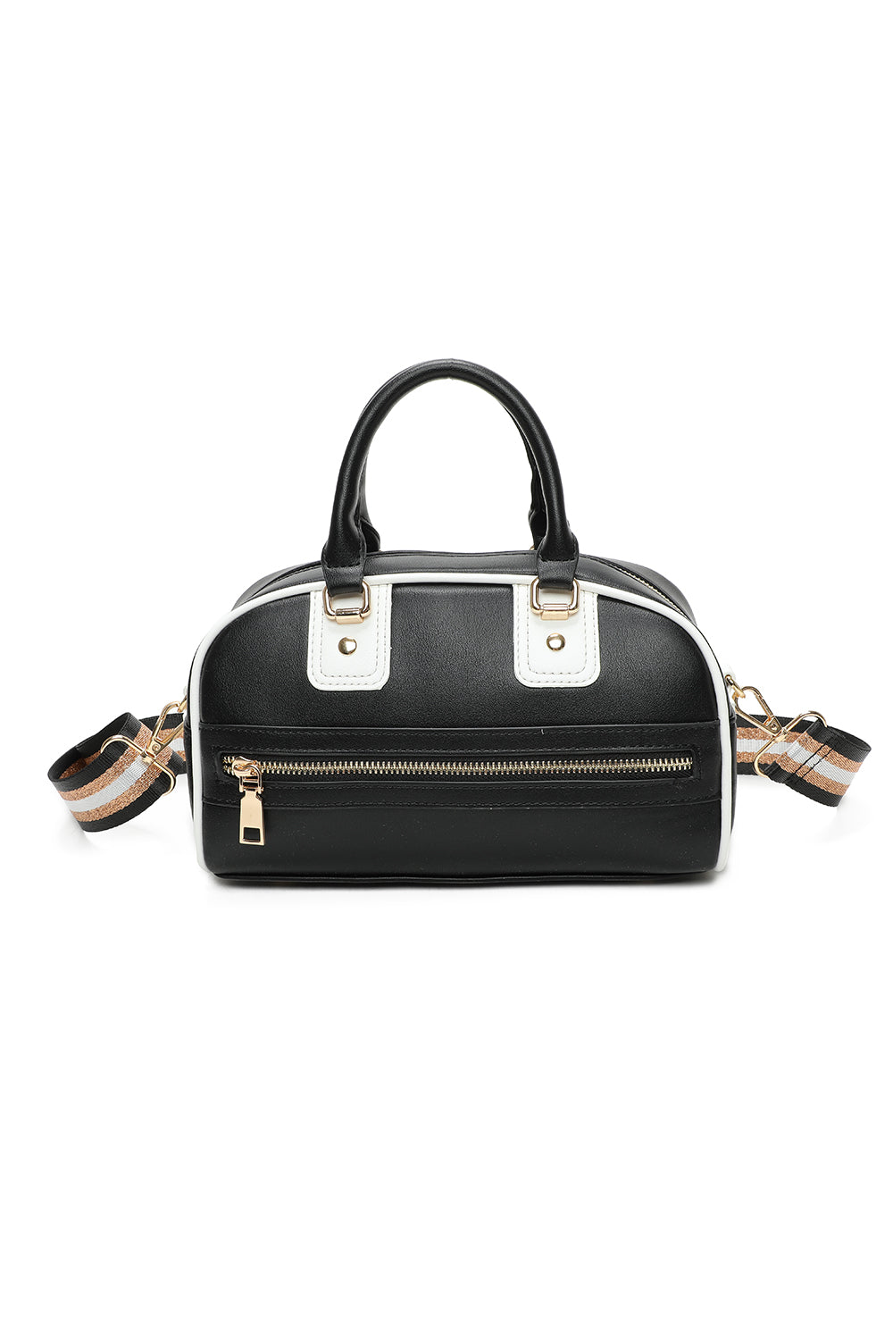 Cara Two-Tone Vegan Mini Sports-Style Handbag with Golden Glitter Patterned Strap