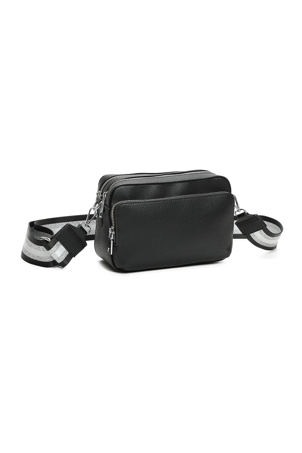 Roo Quadruple Zipped PU Crossbody Camera Bag with Patterned Strap