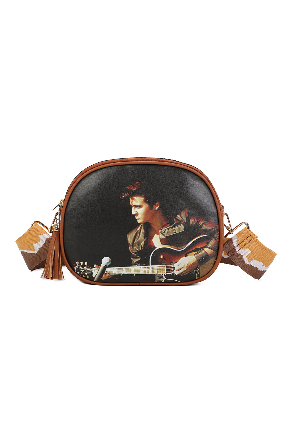 Triple Zipped Pockets Elvis Printed Crossbody Bag with Canvas Strap