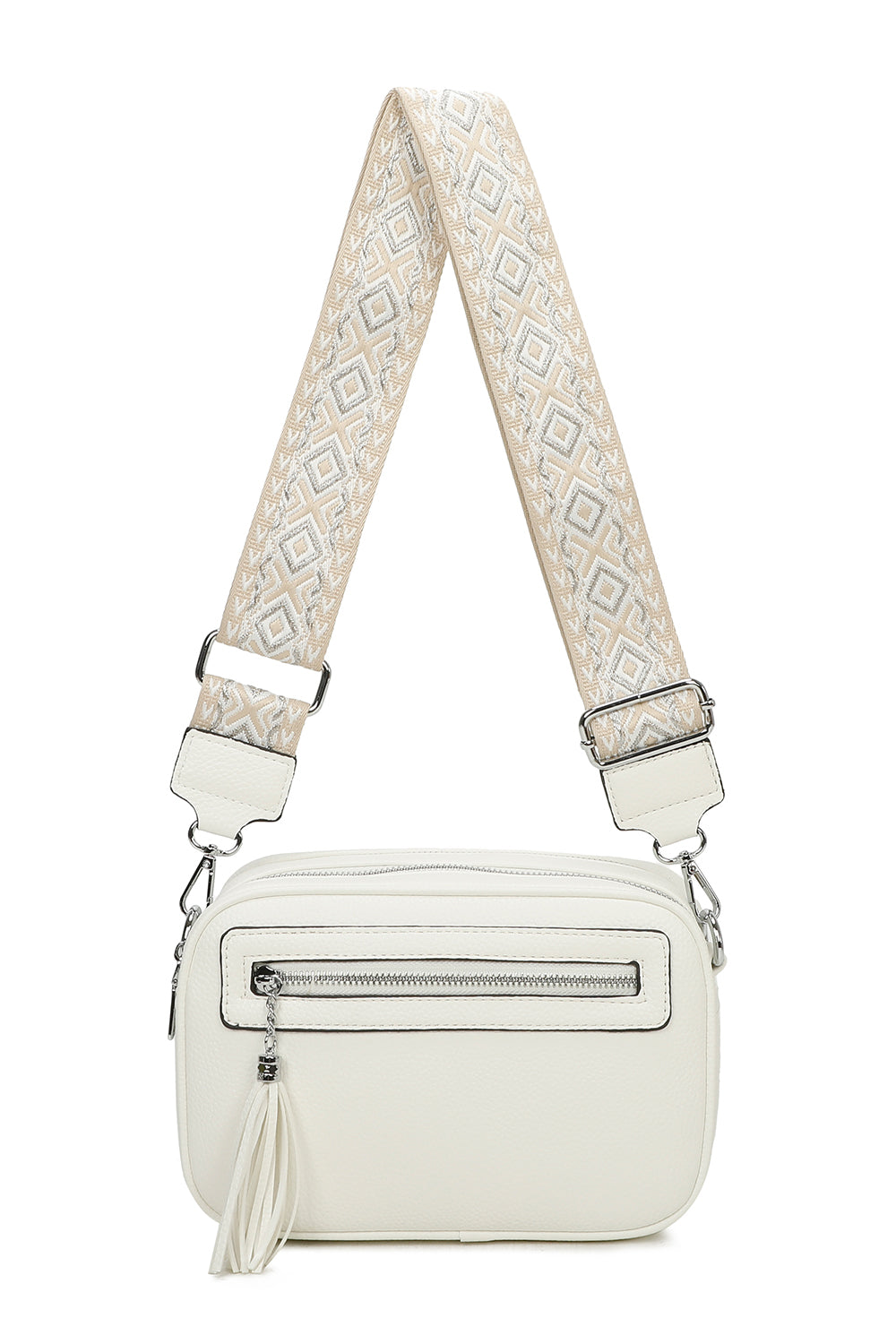 Quadriple Zipped Tassel Crossbody with Canvas Strap