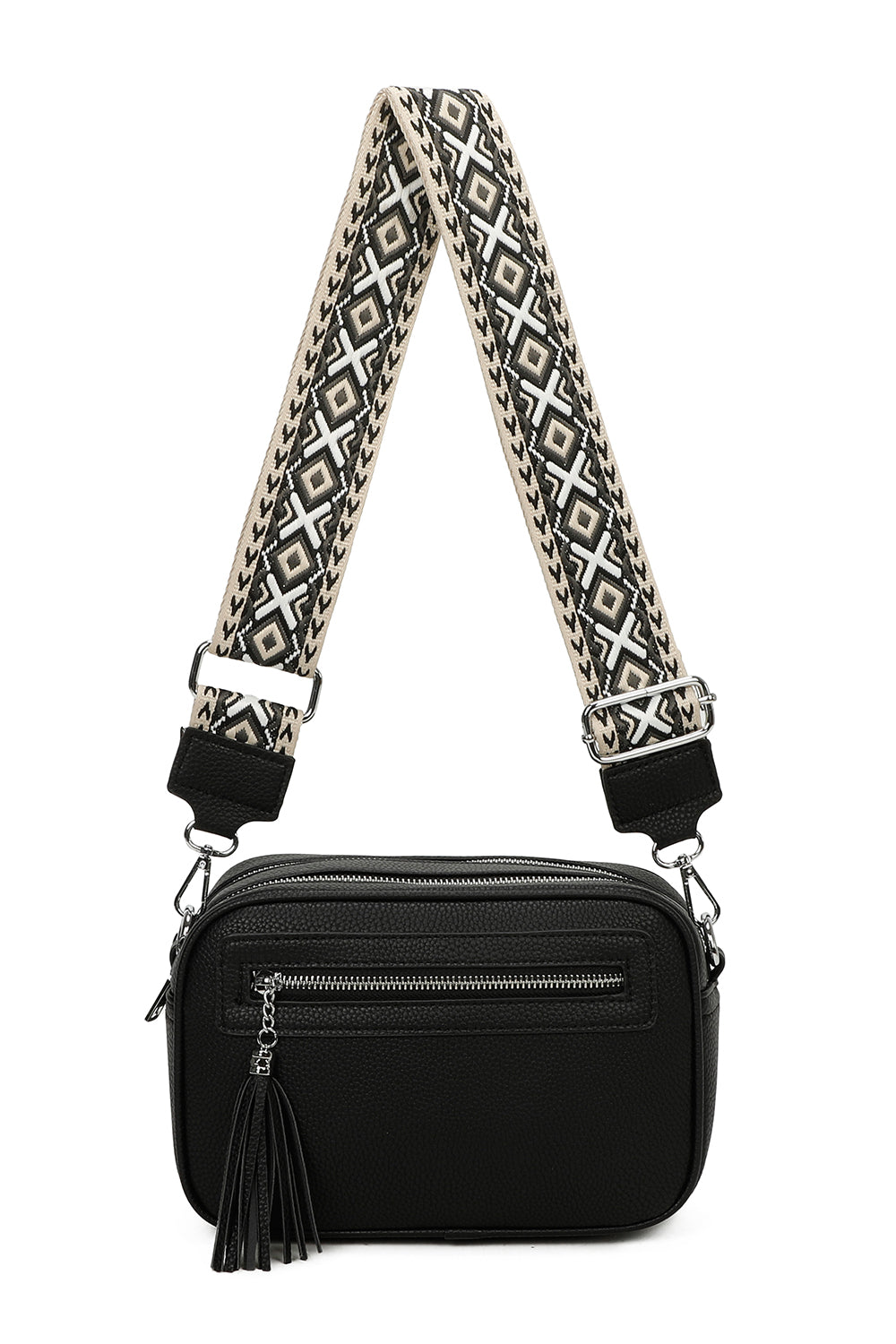 Quadriple Zipped Tassel Crossbody with Canvas Strap