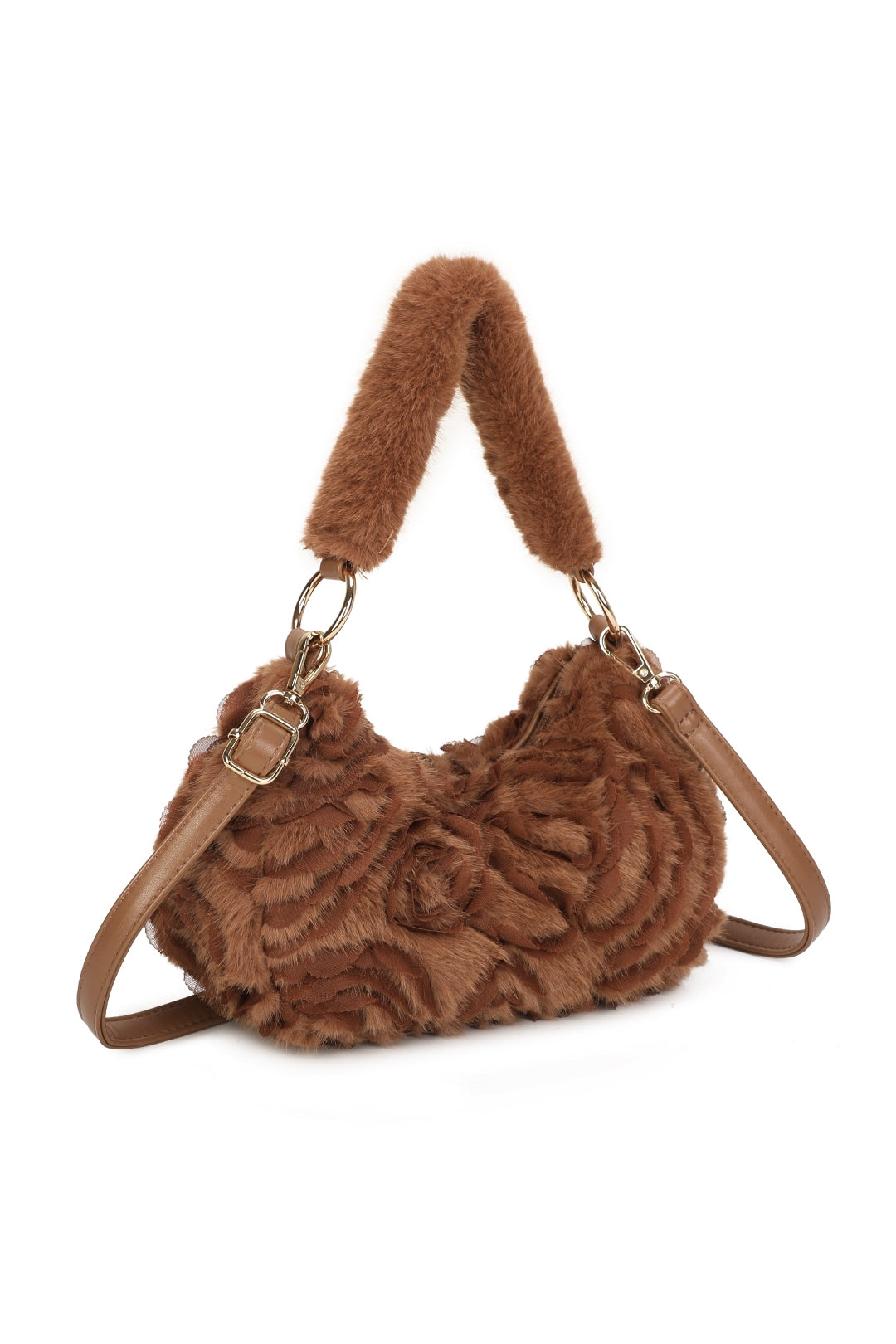 Aloura Small Faux Fur Sewn Lace Rose Flower Pattern Shoulder Hobo Bag - RY260531