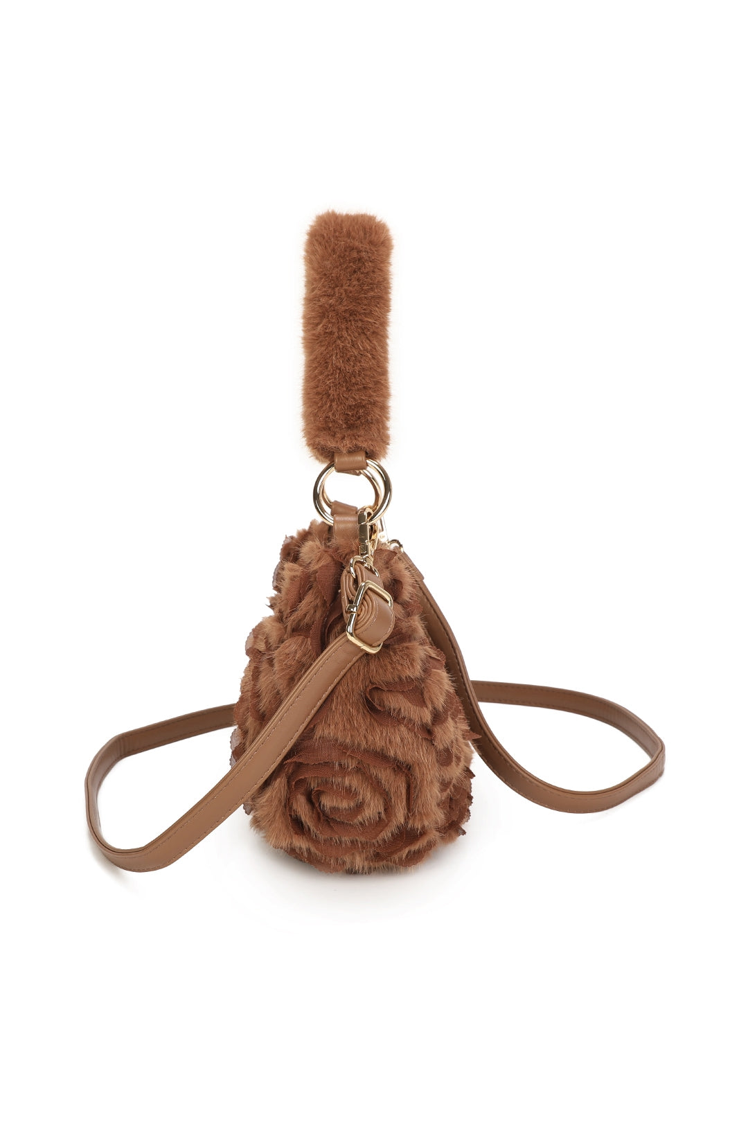 Aloura Small Faux Fur Sewn Lace Rose Flower Pattern Shoulder Hobo Bag - RY260531