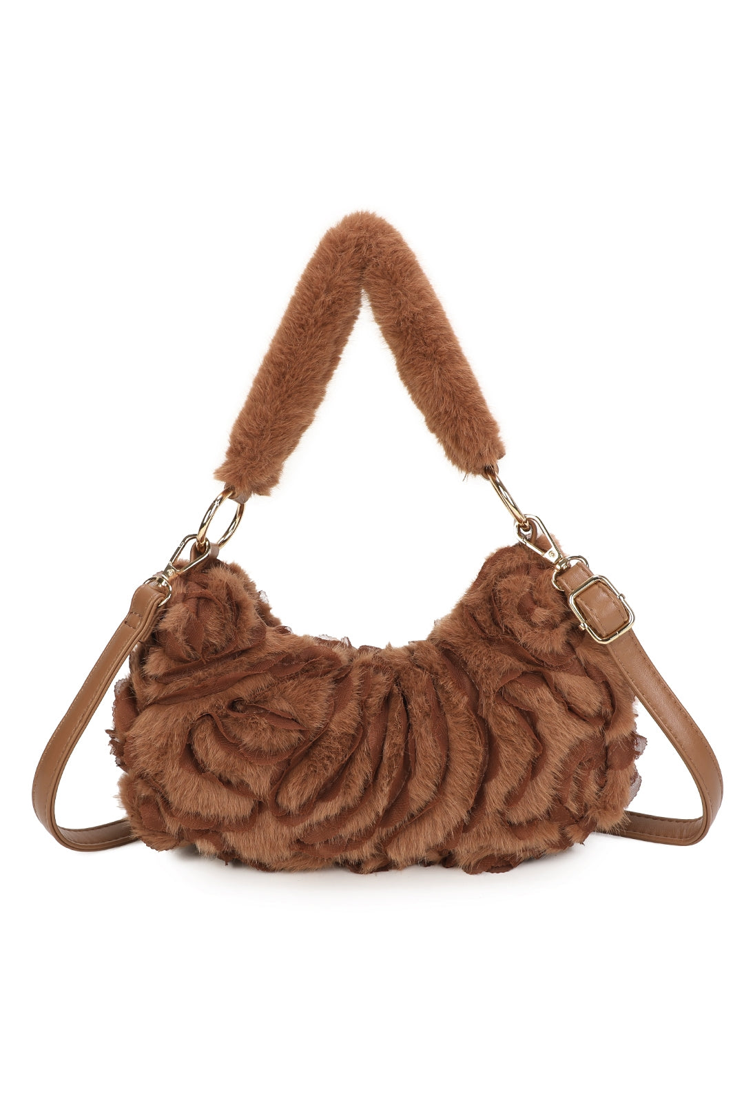 Aloura Small Faux Fur Sewn Lace Rose Flower Pattern Shoulder Hobo Bag - RY260531