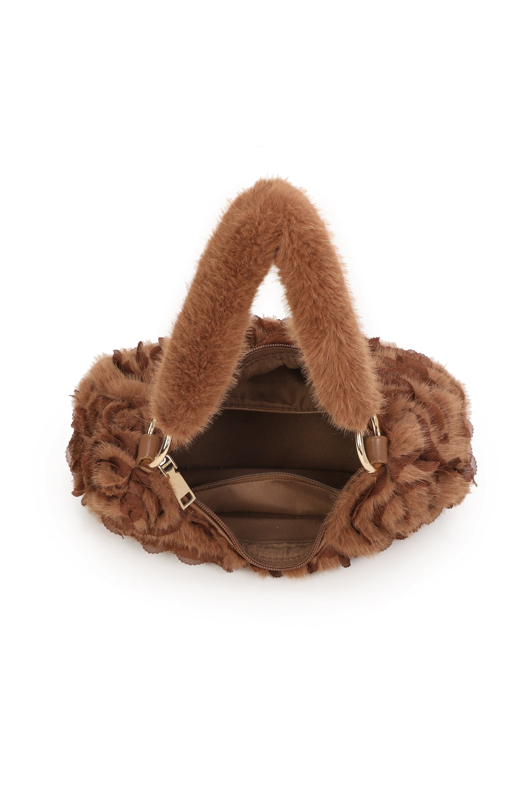 Aloura Small Faux Fur Sewn Lace Rose Flower Pattern Shoulder Hobo Bag - RY260531