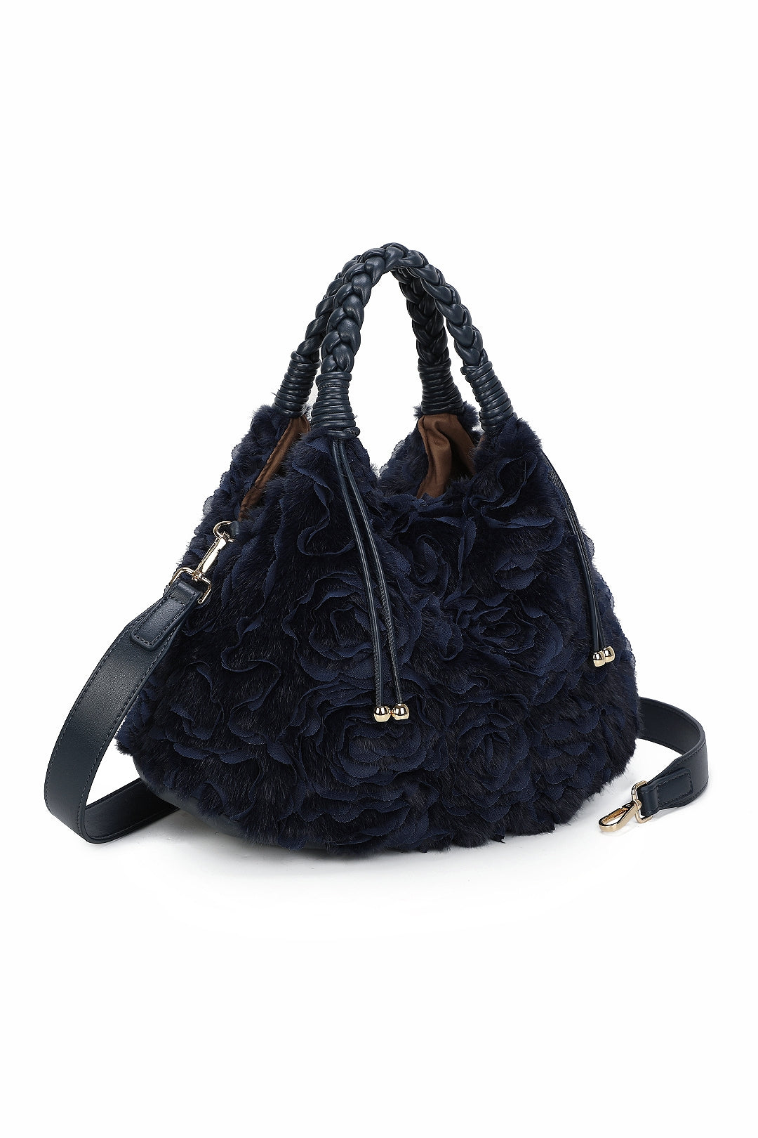 Dorelle Large Faux Fur Sewn Lace Flower Pattern Top Handle Shoulder Bag - RY260532