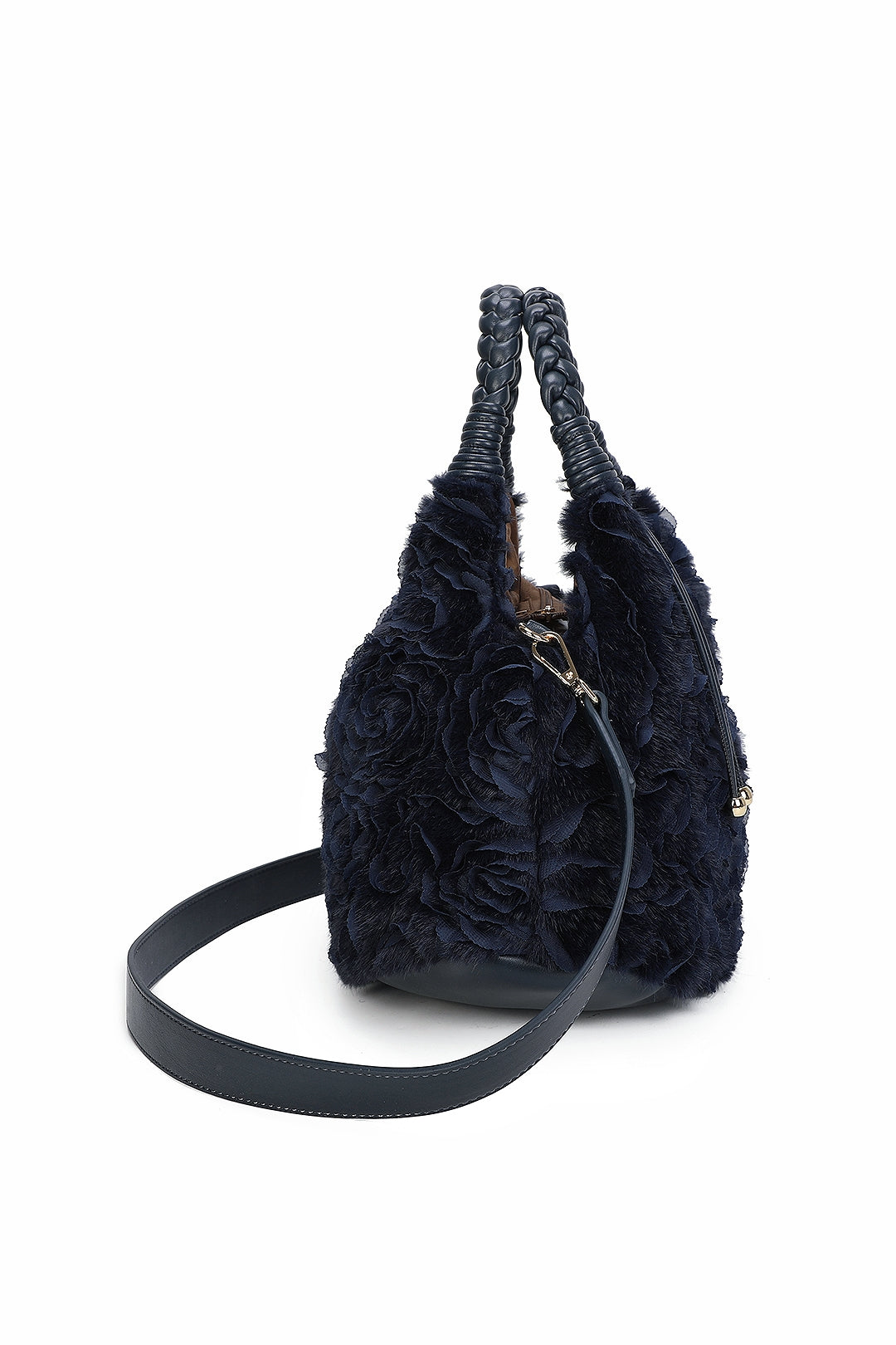 Dorelle Large Faux Fur Sewn Lace Flower Pattern Top Handle Shoulder Bag - RY260532