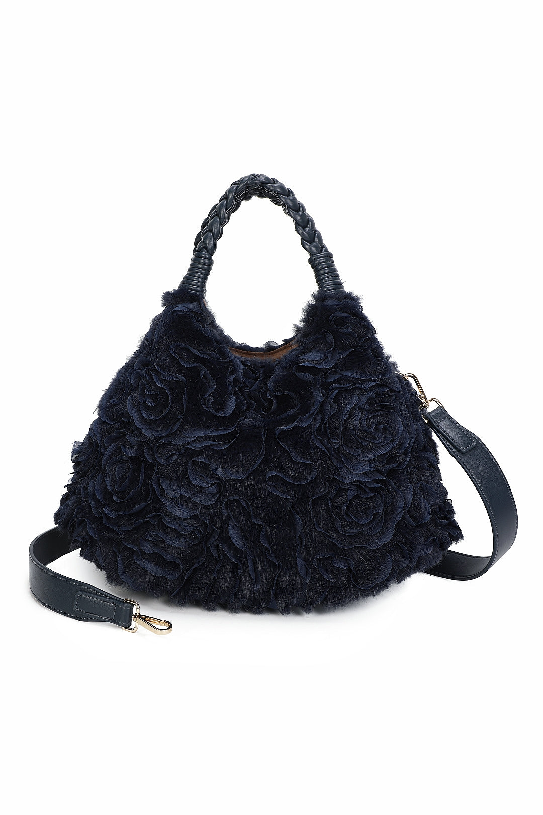 Dorelle Large Faux Fur Sewn Lace Flower Pattern Top Handle Shoulder Bag - RY260532