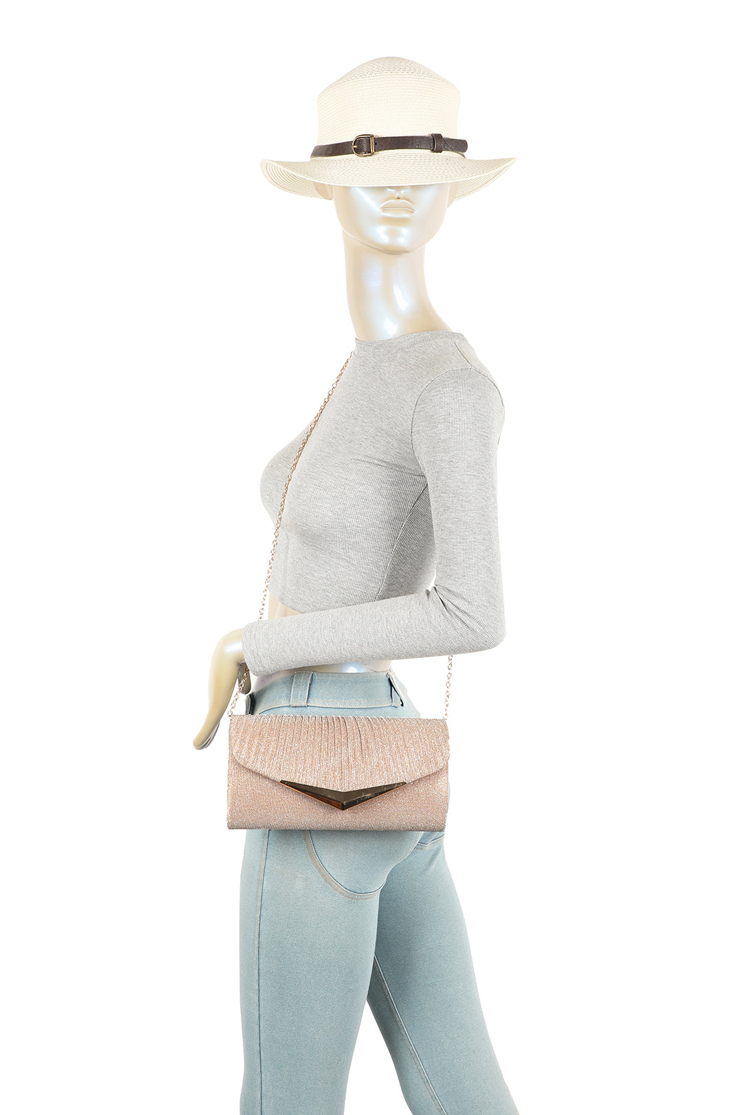 Celeste Fold Over V-shaped metal Pleated Glittering Clutch Bag - RH2601