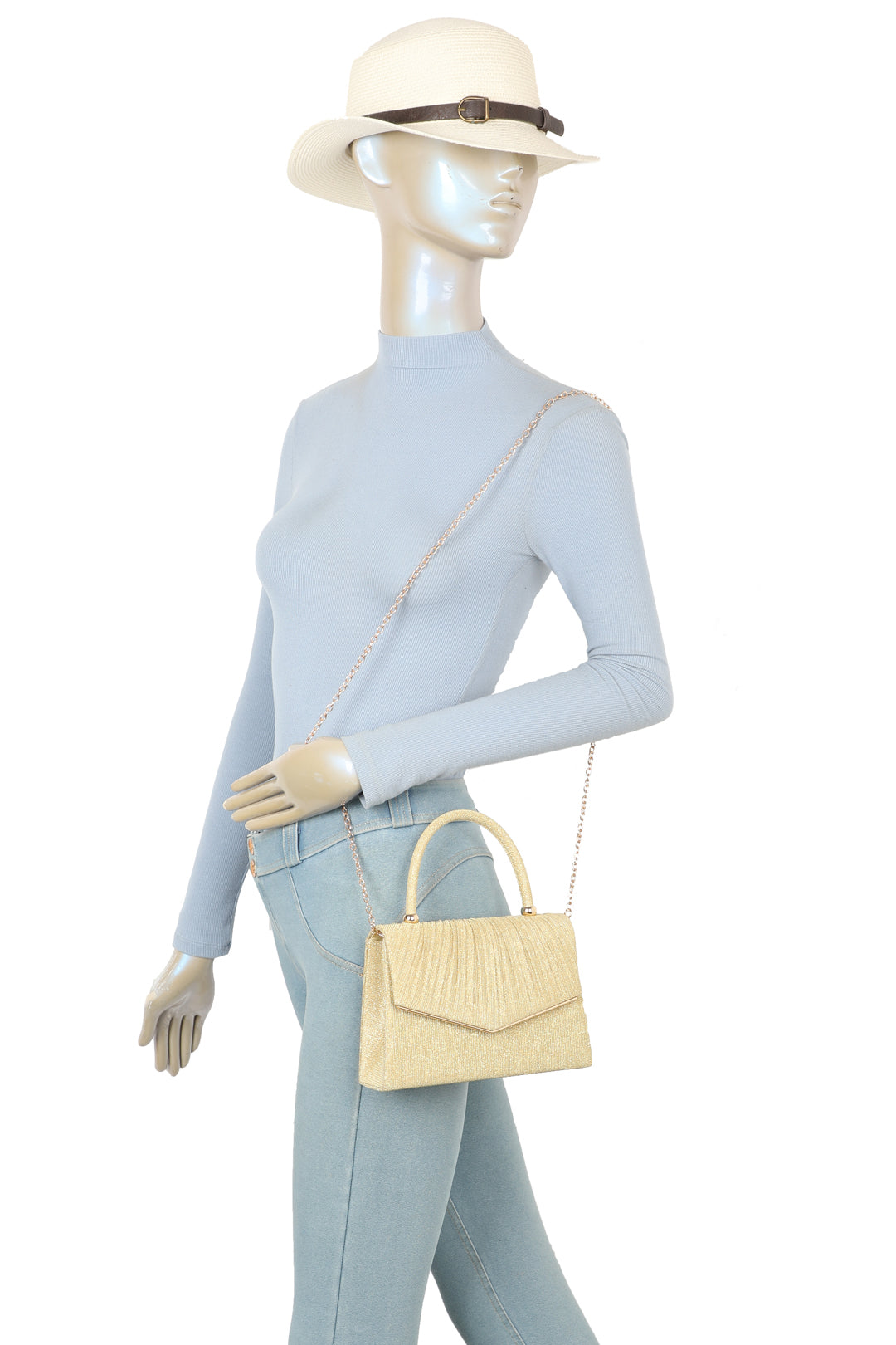 Aurenza Pleated Satin Top Handle Glittering Clutch Bag - RZ2512