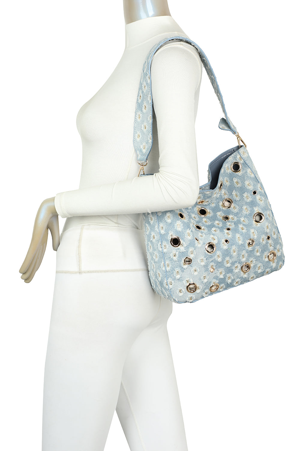 Denim Hole Hobo Shoulder Bag and Pouch 2-in-1 with Three-Tone Glitter Strap