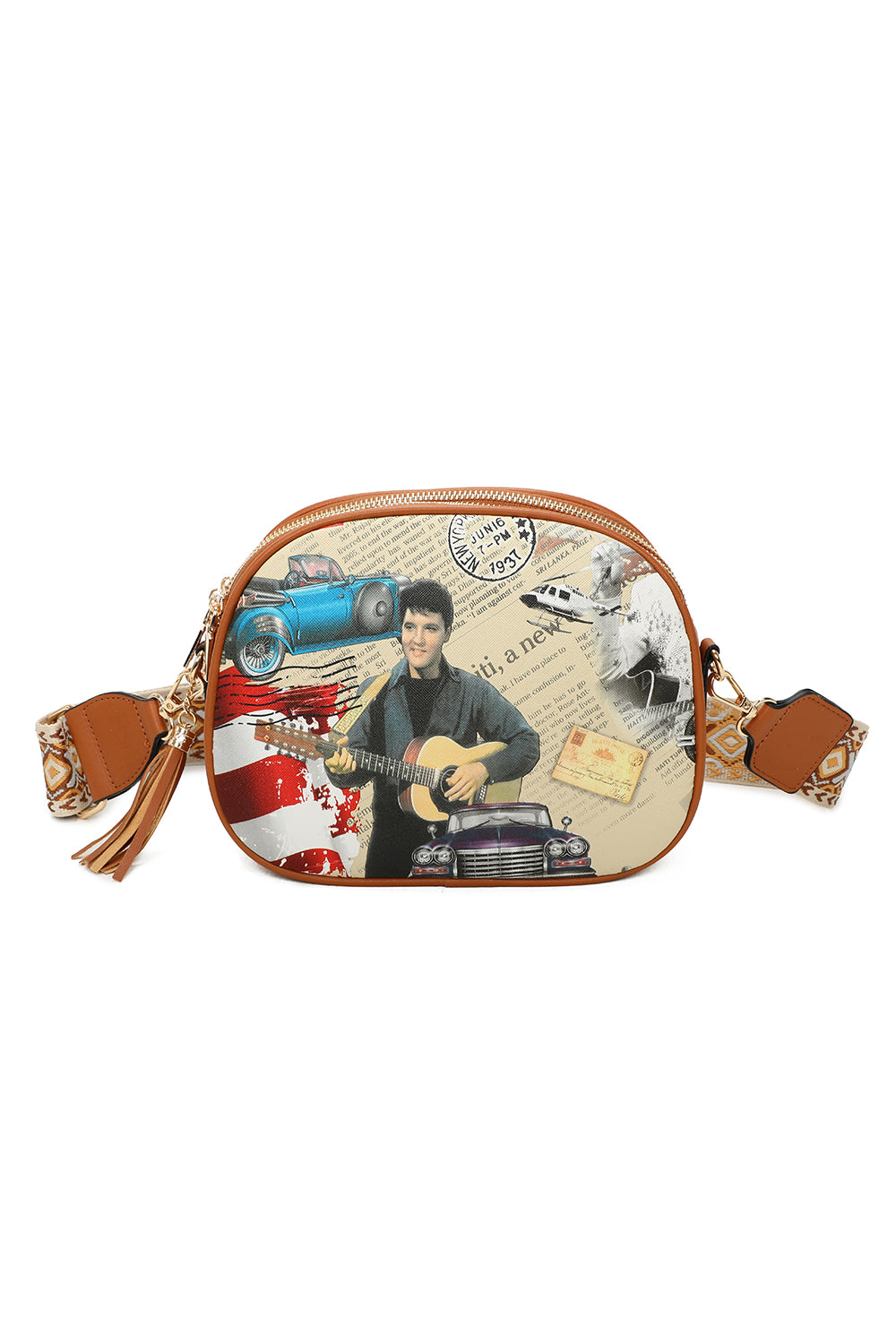 Triple Zipped Elvis Printed Crossbody Bag with Canvas Strap