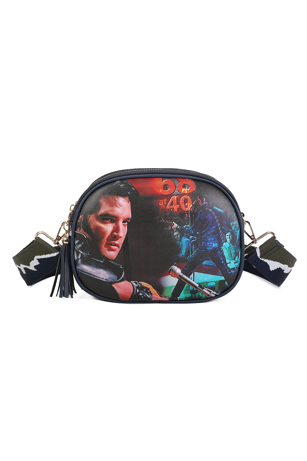 Triple Zipped Pockets Elvis Printed Crossbody Bag with Canvas Strap