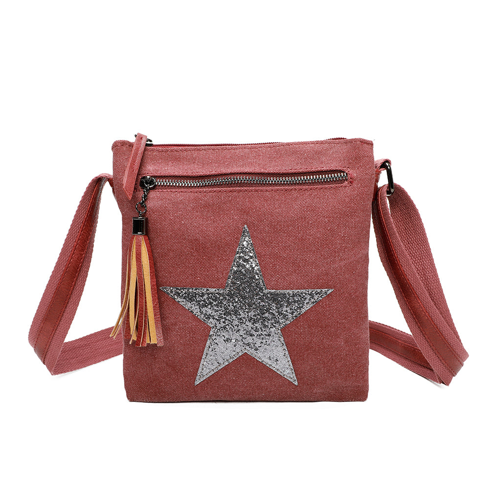 Triple Zip Star Tassel Crossbody Messenger Bag