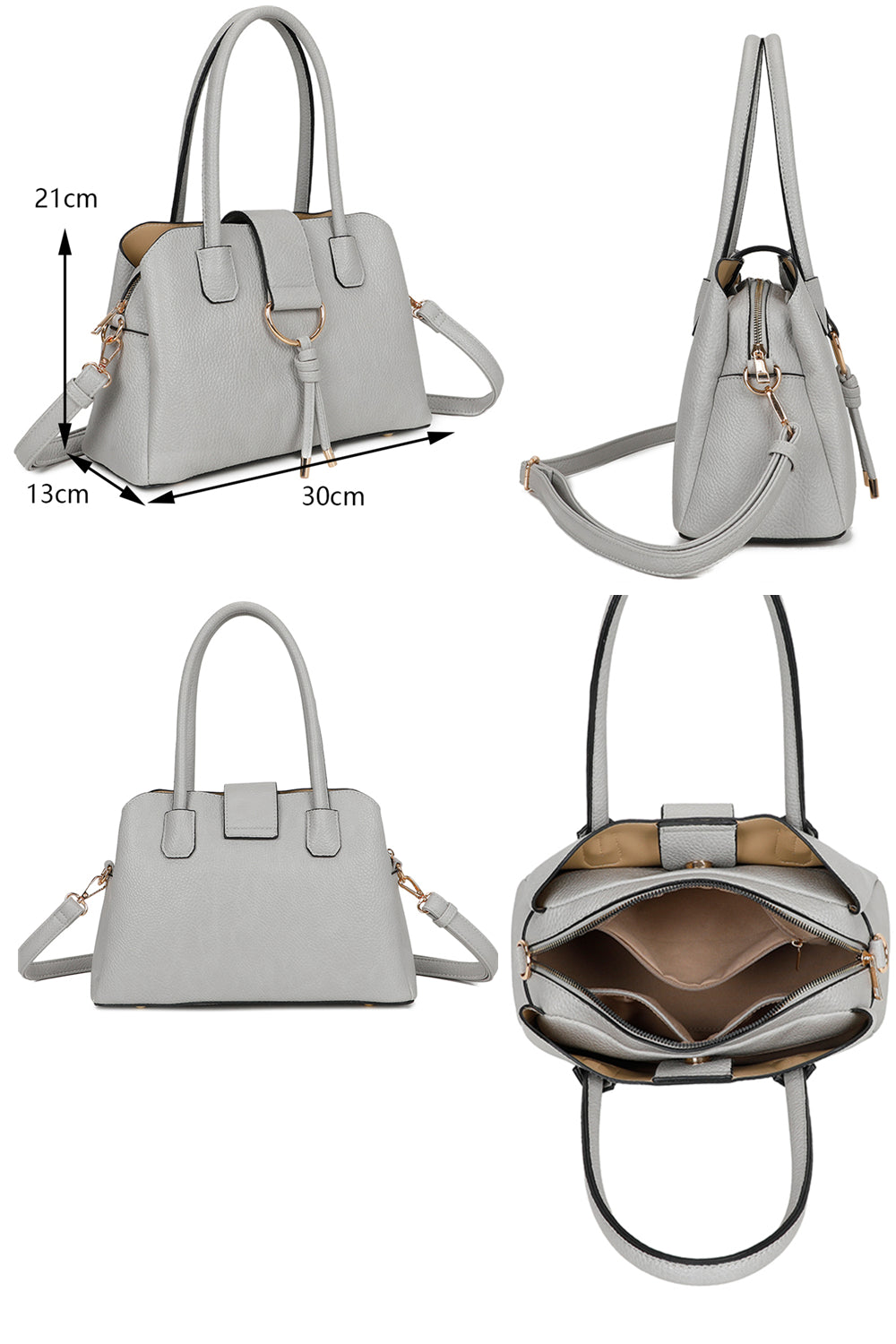 BellaElan PU Leather Triple Compartment Handbag with a metal D-ring Ornament and an Extra Long Strap - RJ241072
