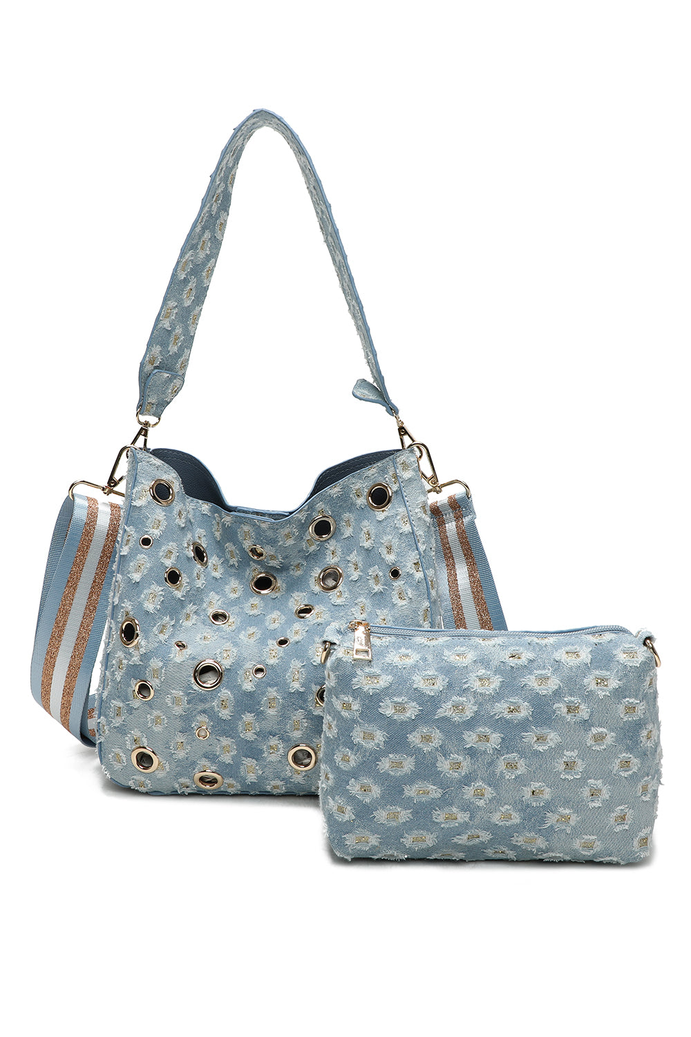 Denim Hole Hobo Shoulder Bag and Pouch 2-in-1 with Three-Tone Glitter Strap