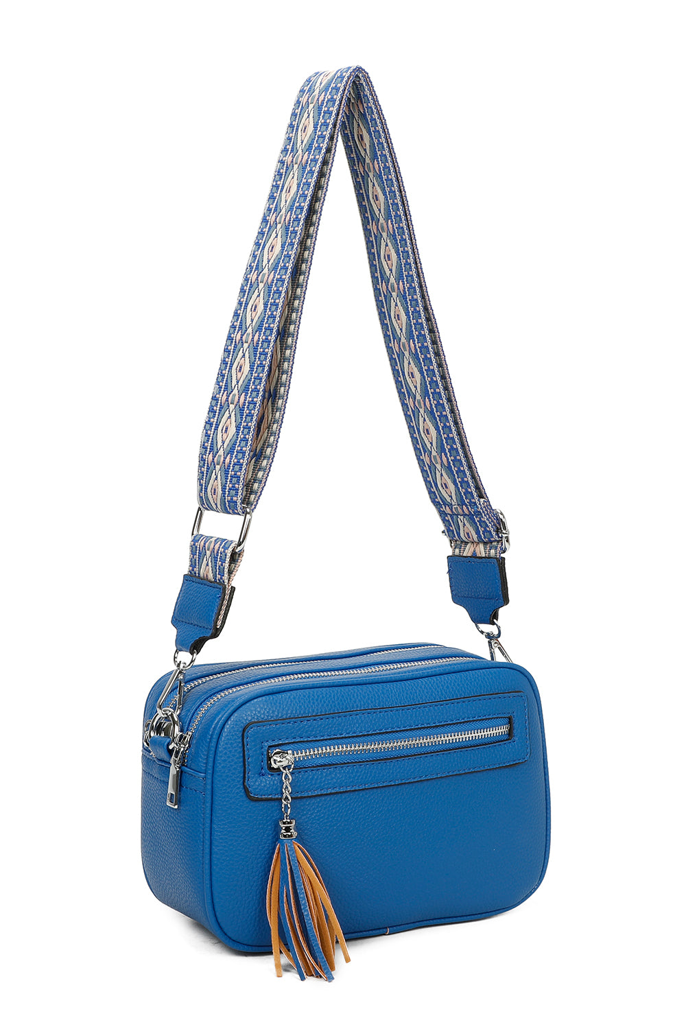 Quadriple Zipped Tassel Crossbody with Canvas Strap