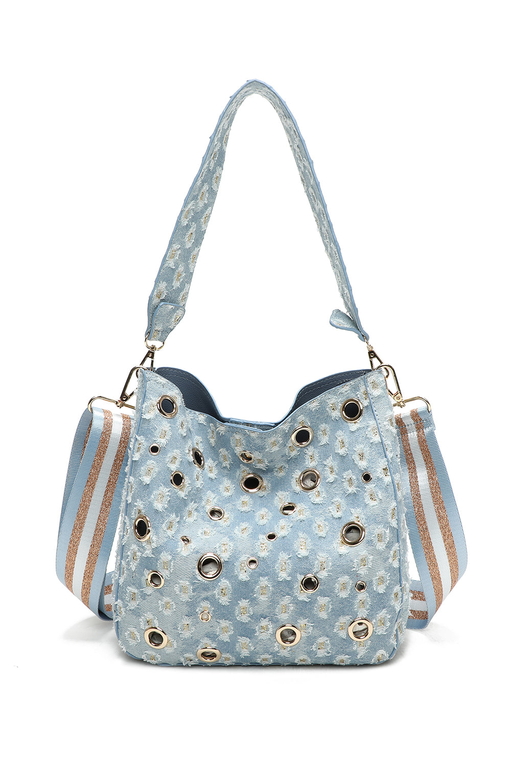 Denim Hole Hobo Shoulder Bag and Pouch 2-in-1 with Three-Tone Glitter Strap