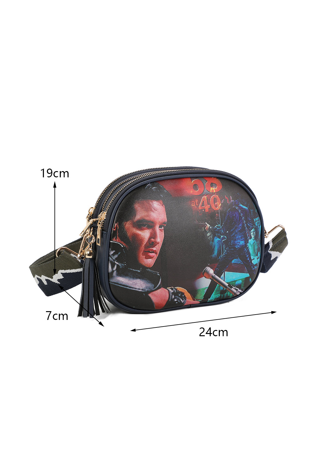 Triple Zipped Pockets Elvis Printed Crossbody Bag with Canvas Strap