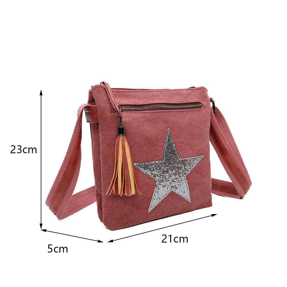 Triple Zip Star Tassel Crossbody Messenger Bag