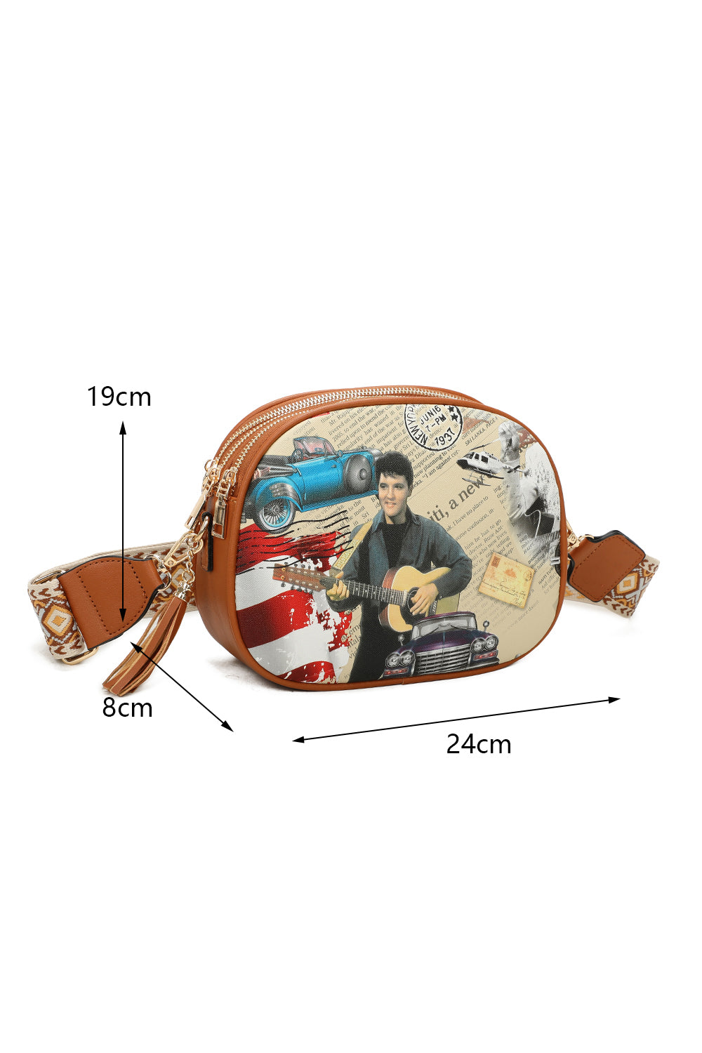 Triple Zipped Elvis Printed Crossbody Bag with Canvas Strap