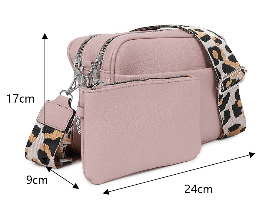 Suni Dual Compartments PU Leather Crossbody Bag with Camo Strap and Removable Pouch