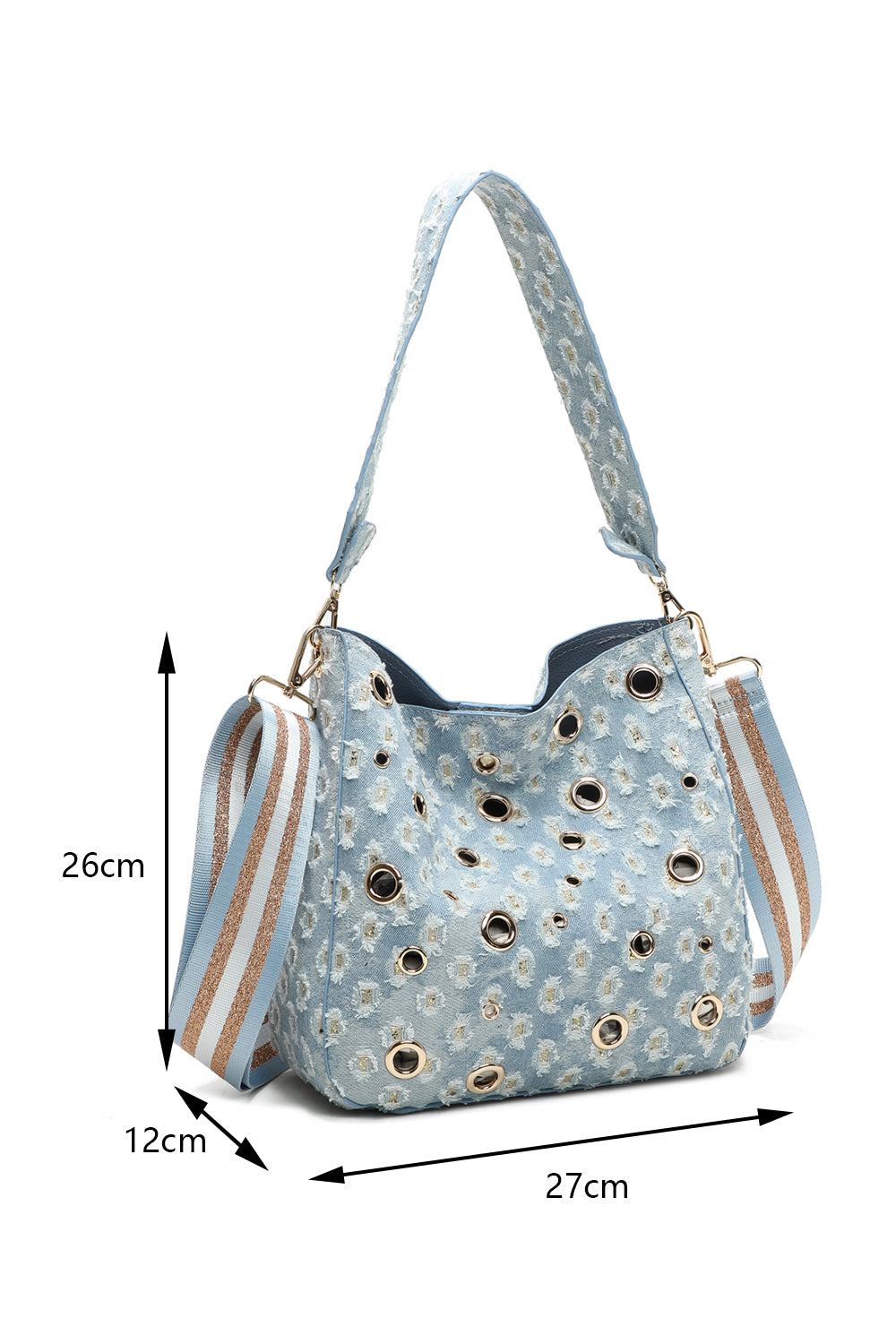 Denim Hole Hobo Shoulder Bag and Pouch 2-in-1 with Three-Tone Glitter Strap