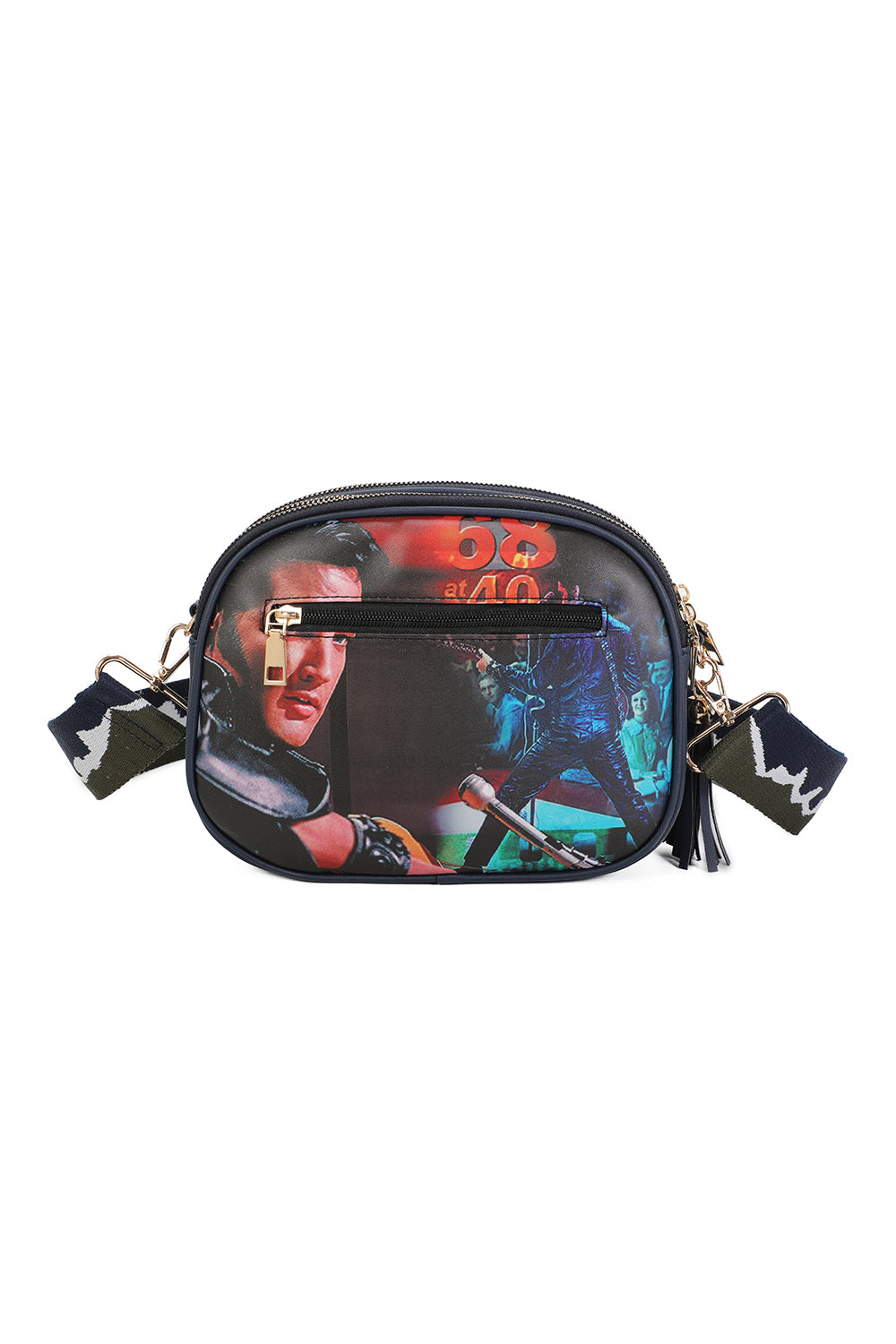 Triple Zipped Pockets Elvis Printed Crossbody Bag with Canvas Strap