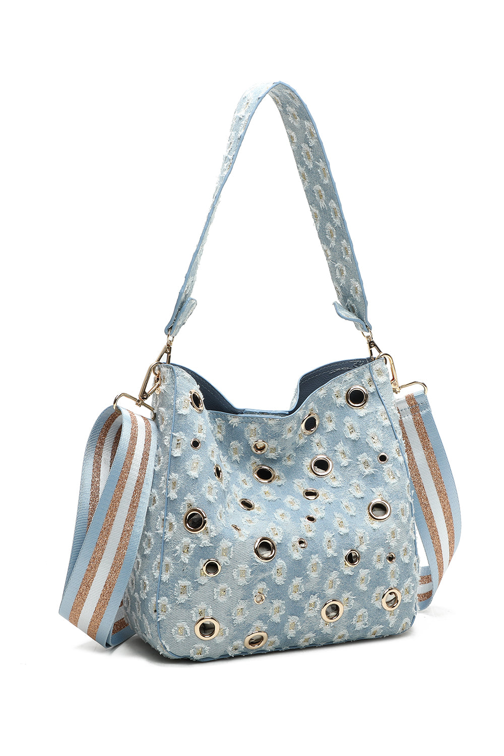 Denim Hole Hobo Shoulder Bag and Pouch 2-in-1 with Three-Tone Glitter Strap