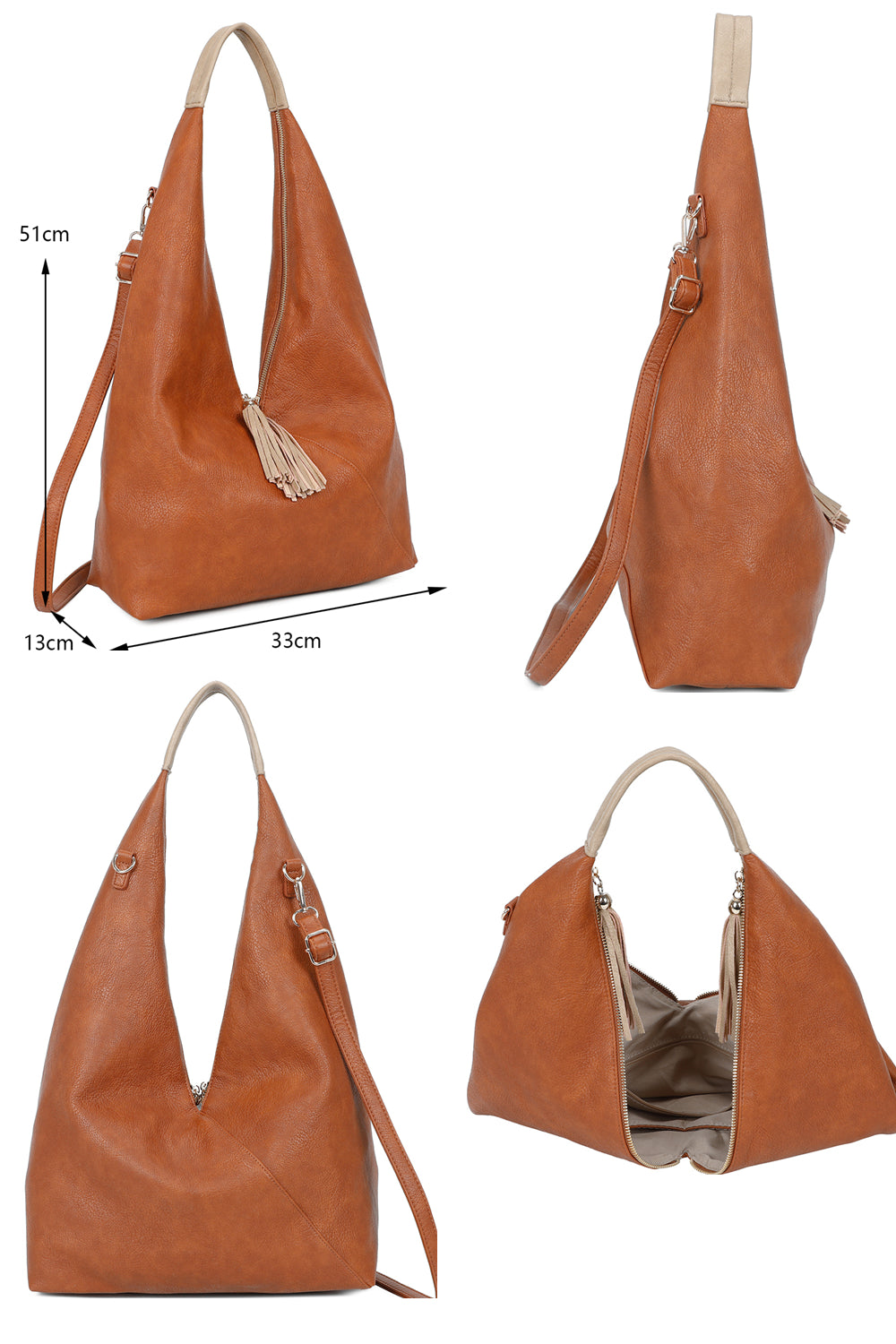 Dunne Tassel Zip PU Leather Hobo Shoulder Bag