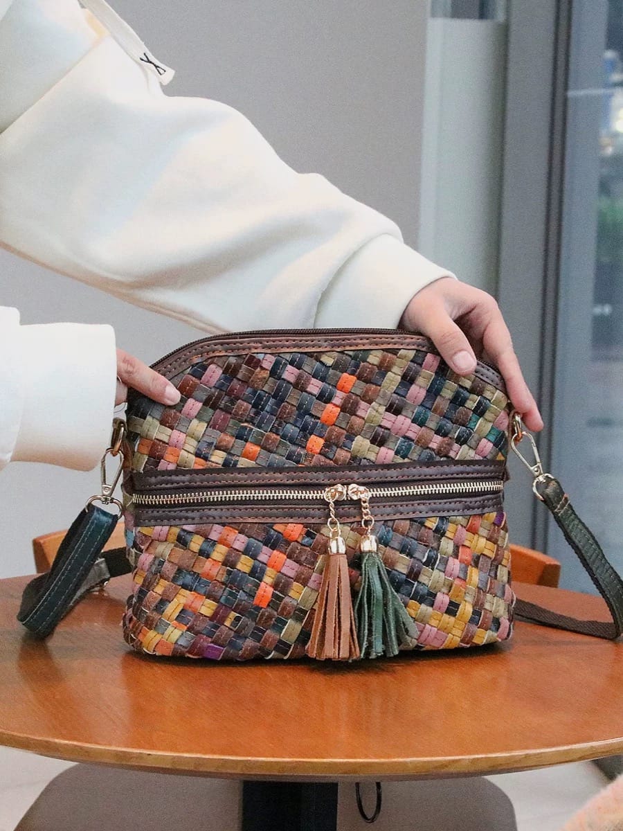 A88-5-Multi Colour Plait Patterned Leather Cross-Body Bag