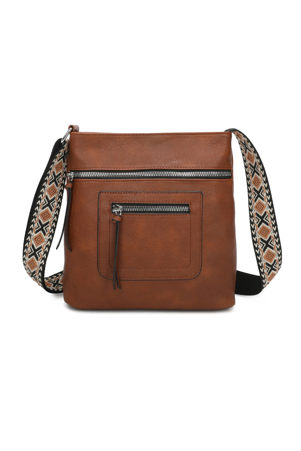 Iki Quadruple Zips PU Leather Crossbody Messenger Bag with Canvas Strap