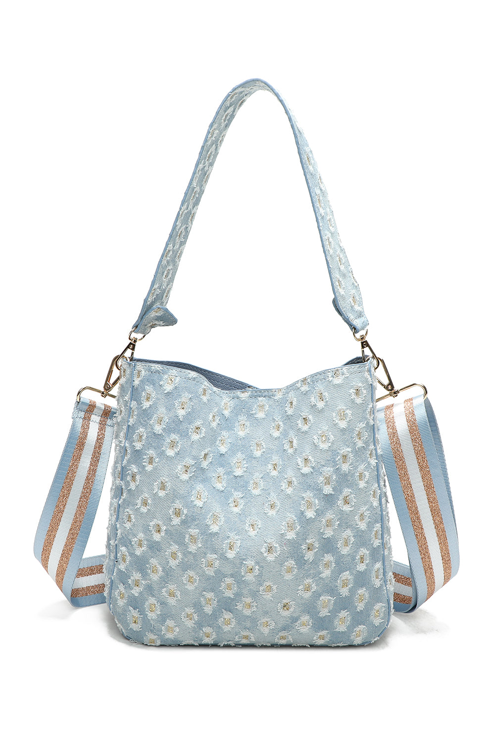 Denim Hole Hobo Shoulder Bag and Pouch 2-in-1 with Three-Tone Glitter Strap